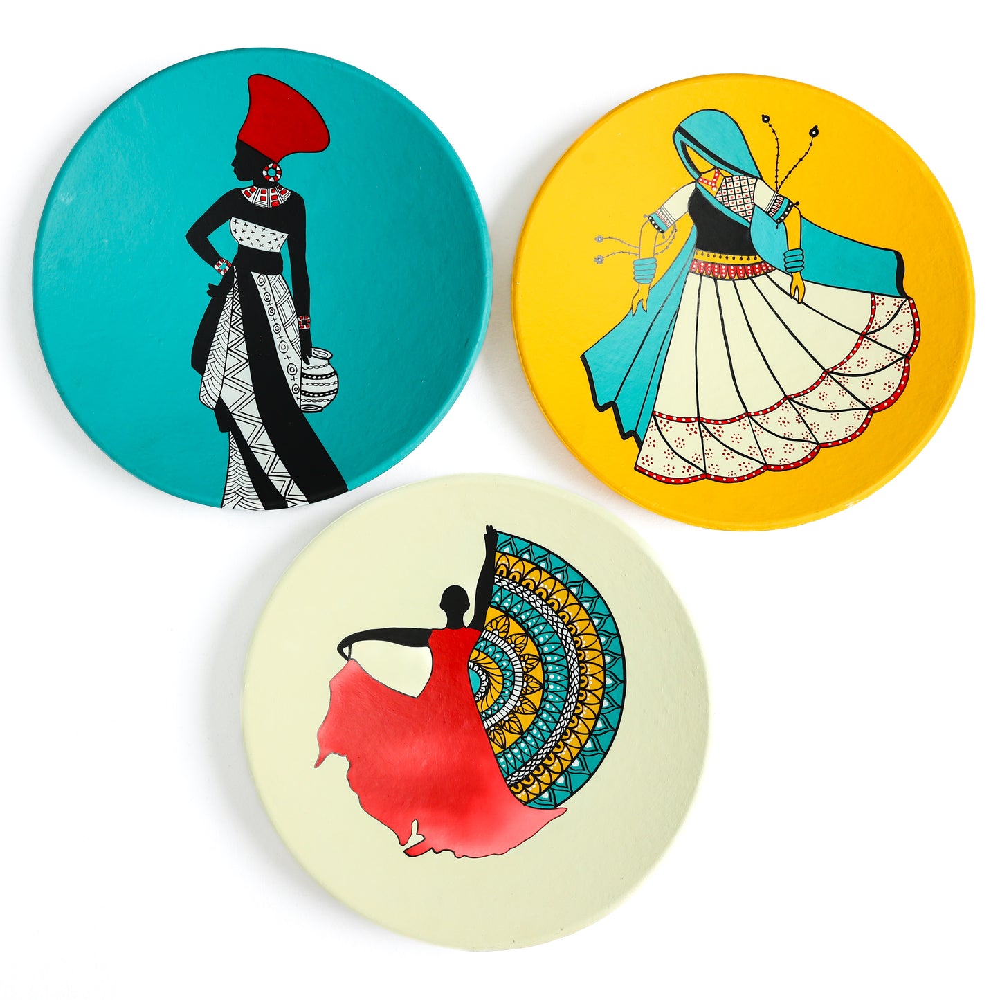 'Women Trio' Handpainted Terracotta Decorative Wall Plate, Set of 3 (9 Inch)