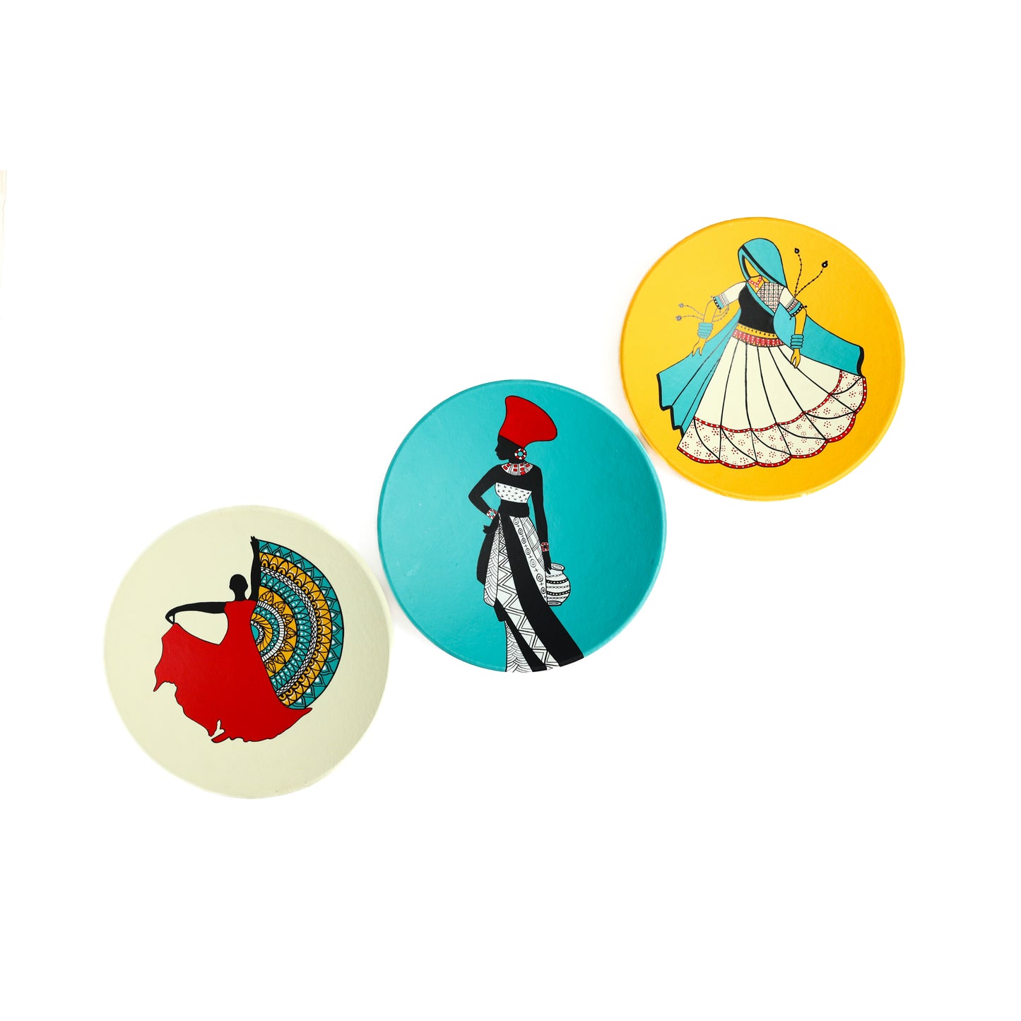 'Women Trio' Handpainted Terracotta Decorative Wall Plate, Set of 3 (9 Inch)