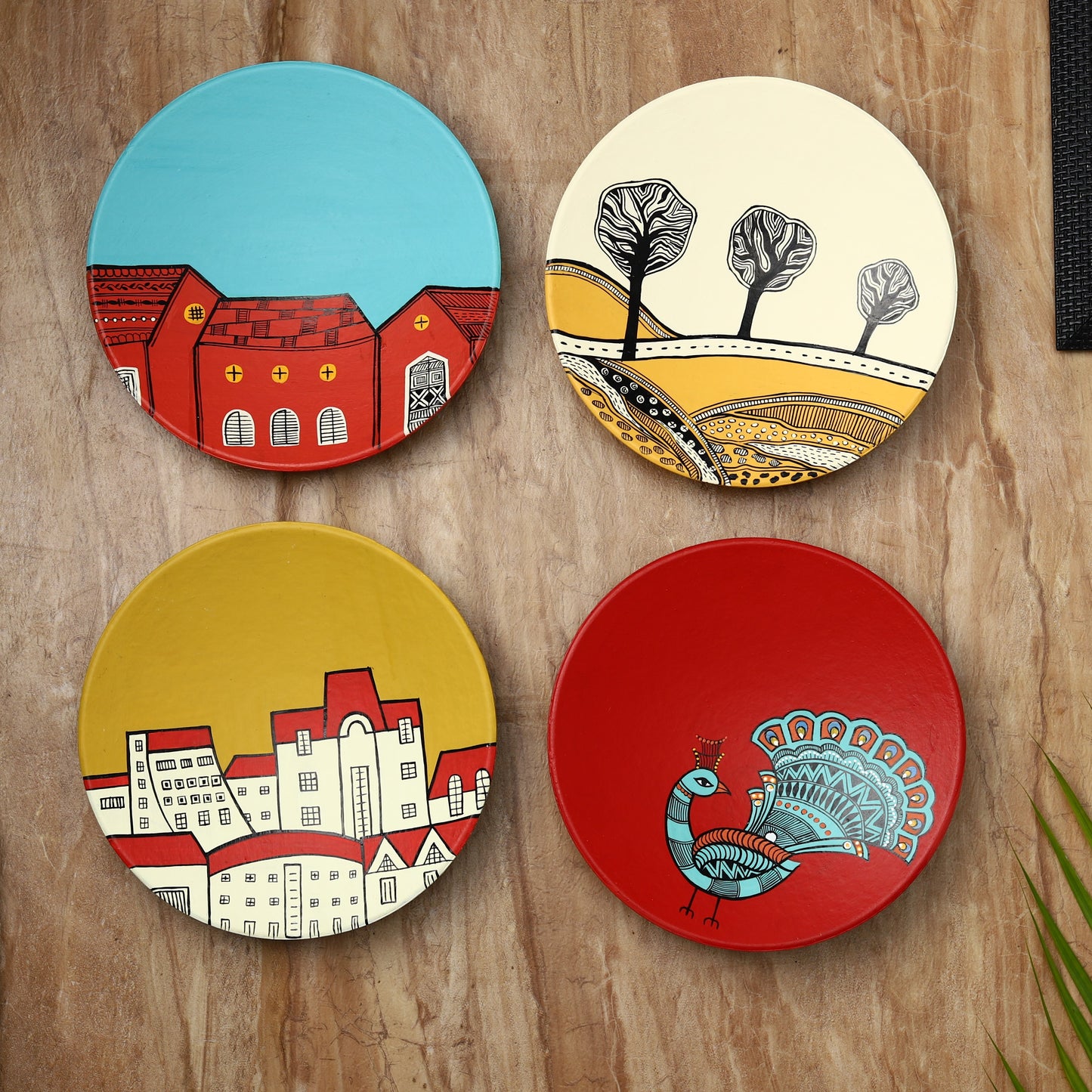 Handpainted Terracotta Decorative Wall Plate, Set of 4 (9 Inch)