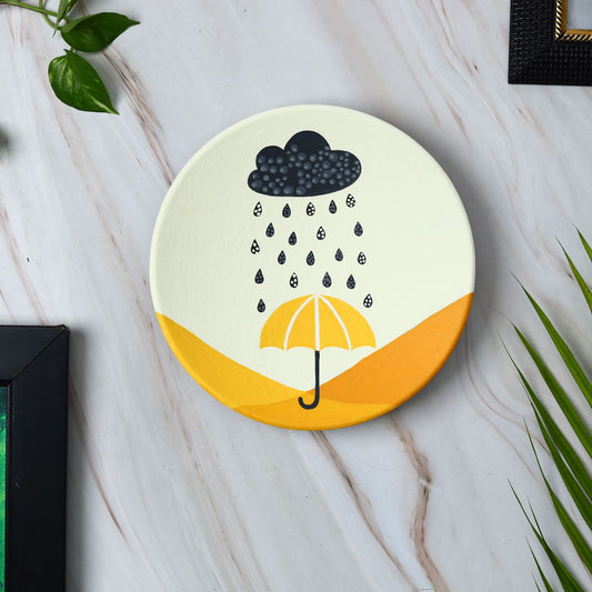 'Yellow Umbrella' Handpainted Terracotta Decorative Wall Plate, 9 Inch