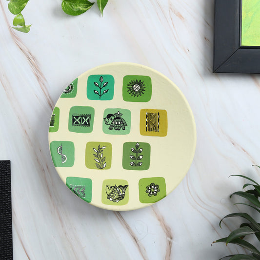 'Warli Square' Green Handpainted Terracotta Decorative Wall Plate, 9 Inch
