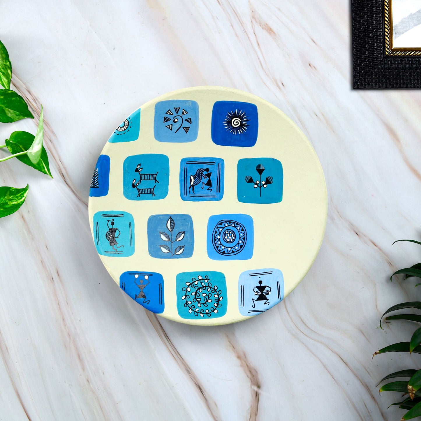 'Warli Square' Blue Handpainted Terracotta Decorative Wall Plate, 9 Inch