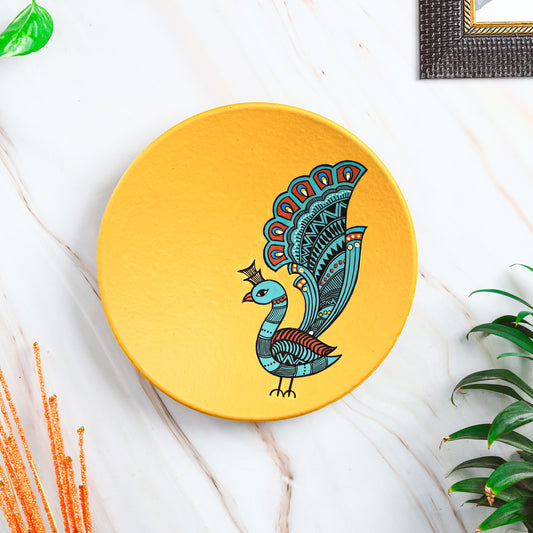 'Dancing Peacock' Yellow Hand-Painted Terracotta Decorative Wall Plate, 9 Inch