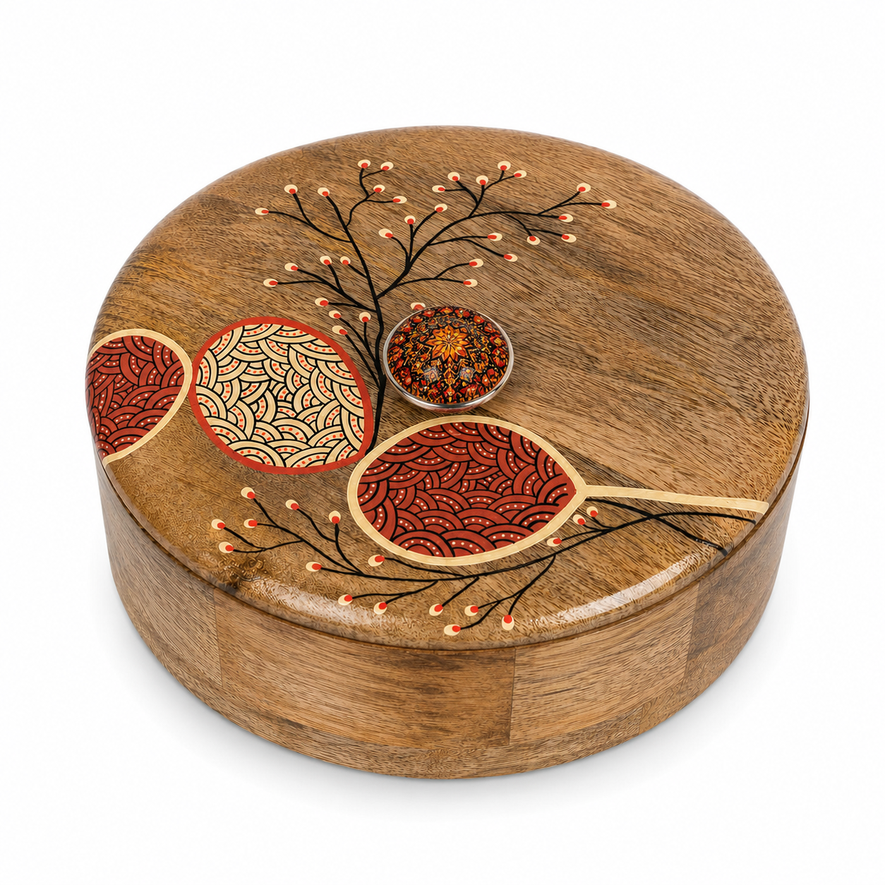 Artysta 'Cherry Blossom' Wooden Chapati Box | Wooden Casserole For Roti | Chapati Box For Kitchen | Roti Box with Lid | Housewarming Gifts | Handpainted Roti Box | Mango Wood 8inch, 1080ml