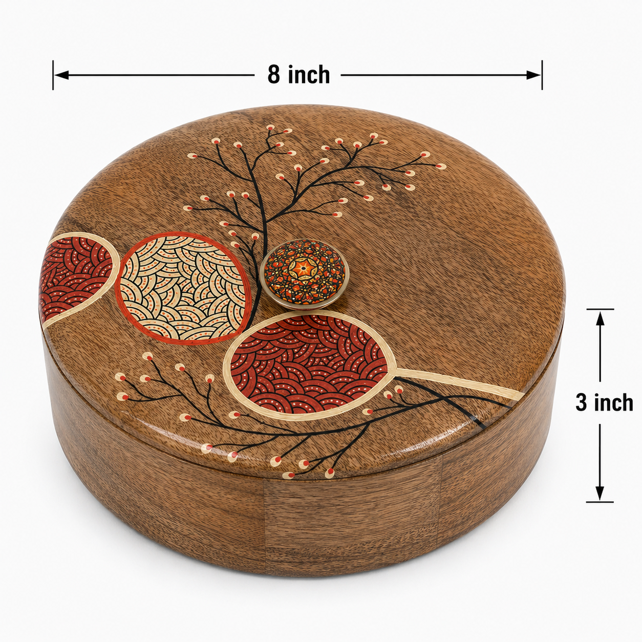 Artysta Handpainted Wooden Chapati Box with Lid (Mango Wood, 8 inch, 1080 ml)