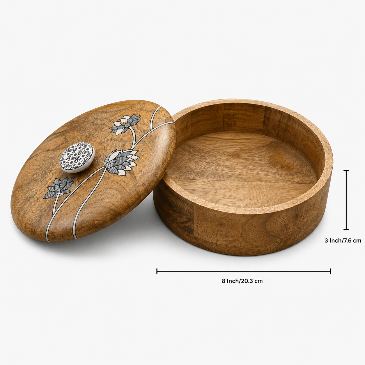 Artysta 'Blooming Lotus' Wooden Chapati Box | Wooden Casserole For Roti | Chapati Box For Kitchen | Roti Box with Lid | Housewarming Gifts | Handpainted Roti Box | Mango Wood 8inch, 1080ml