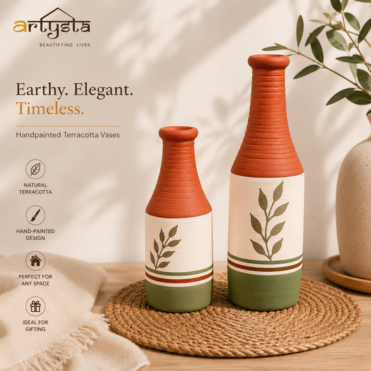 Artysta 'Olive Leaf' Small Hand-Painted Terracotta Dry Flowers Pots (Set of 2)