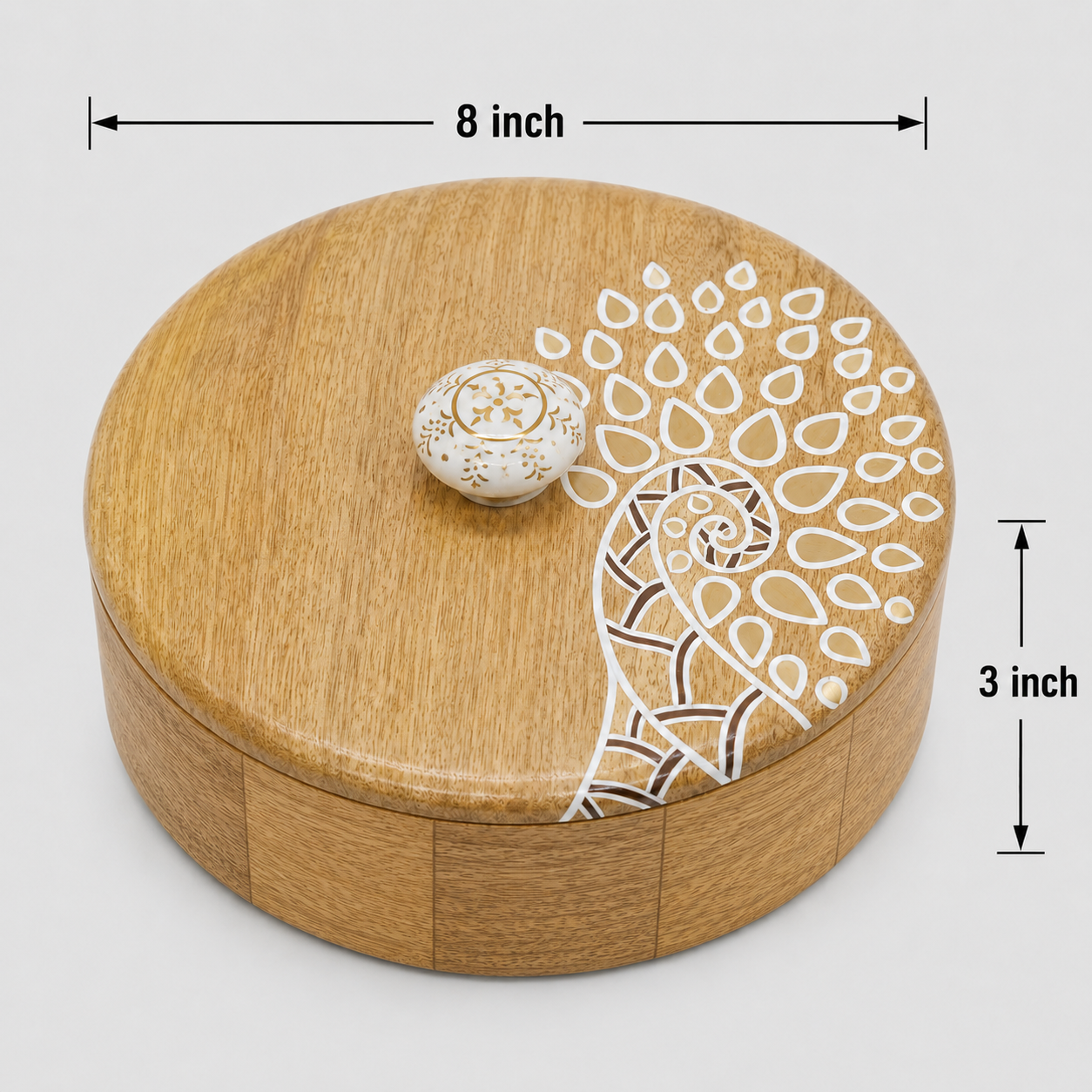 Artysta 'White Peacock' Wooden Chapati Box | Wooden Casserole For Roti | Chapati Box For Kitchen | Roti Box with Lid | Housewarming Gifts | Handpainted Roti Box | Mango Wood 8inch, 1080ml