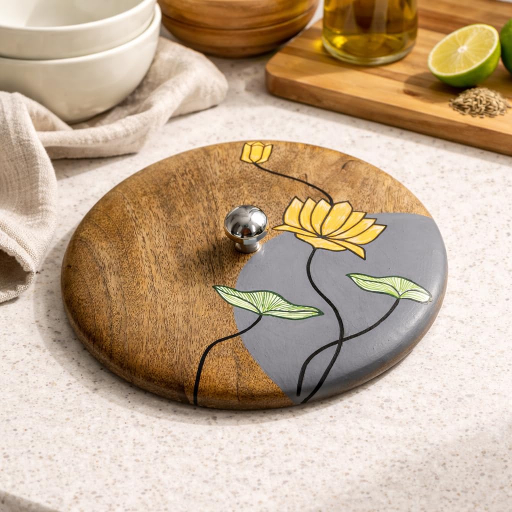 Artysta 'Floating Lotus' Wooden Chapati Box | Wooden Casserole For Roti | Chapati Box For Kitchen | Roti Box with Lid | Housewarming Gifts | Handpainted Roti Box | Mango Wood 8inch, 1080ml