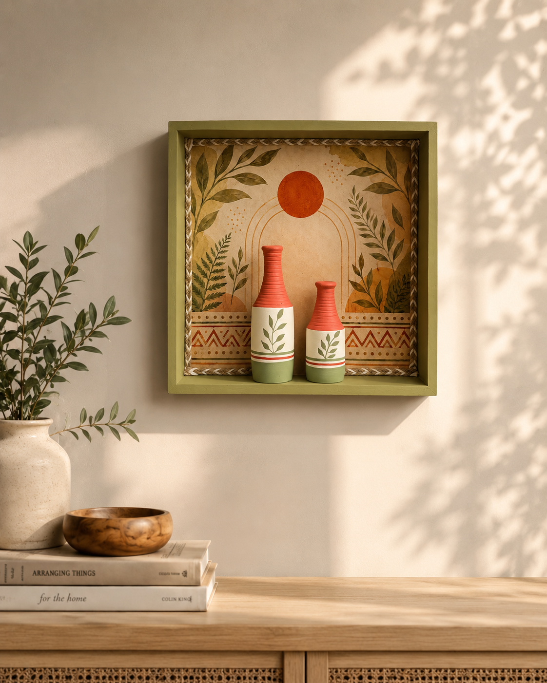 Artysta ' Olive Leaf ' Hand Painted Terracotta Vase with Wooden Frame | Vase for Home Decor | Wall Hanging Decoration | Terracotta Décor Items | Wooden Frame (30 x 30 x 6Cm)