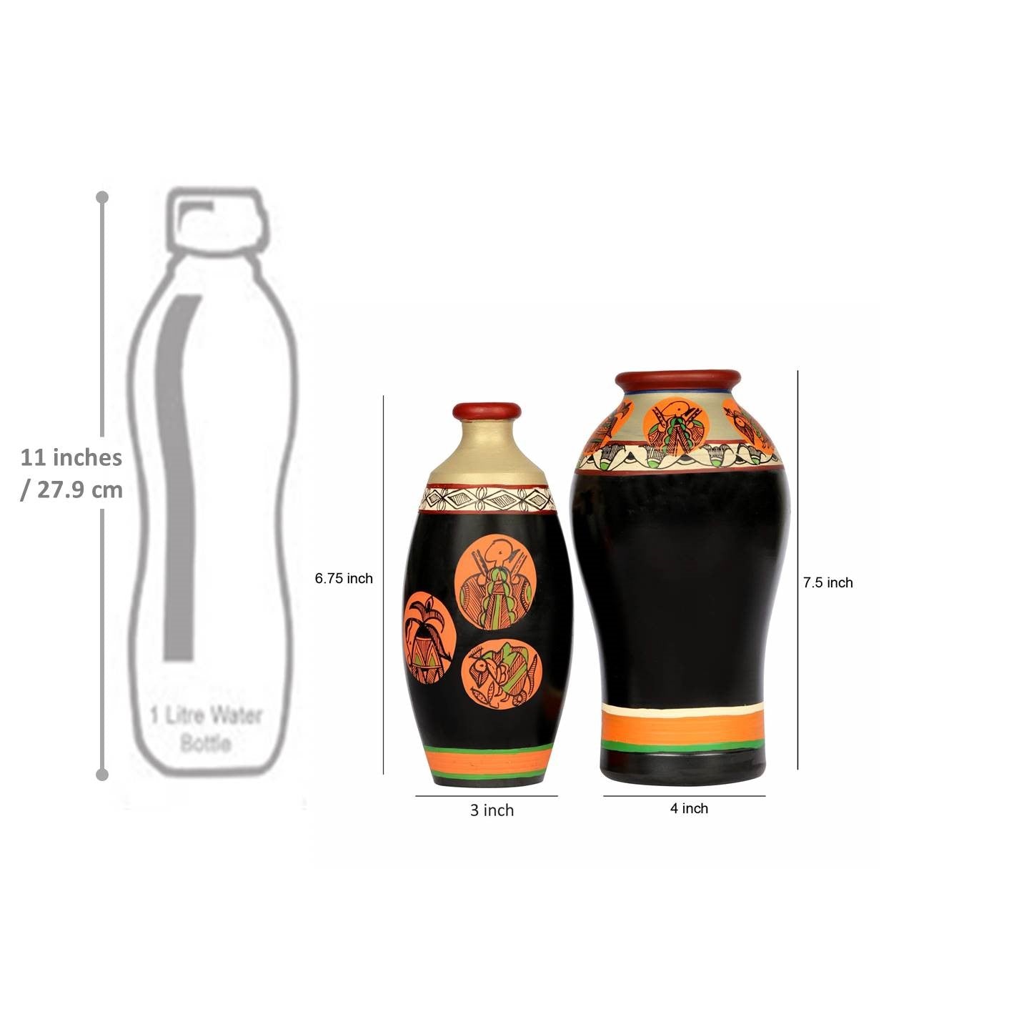 ‘Madhubani Fauna’ Terracotta Vase In Black Color, Set of 2