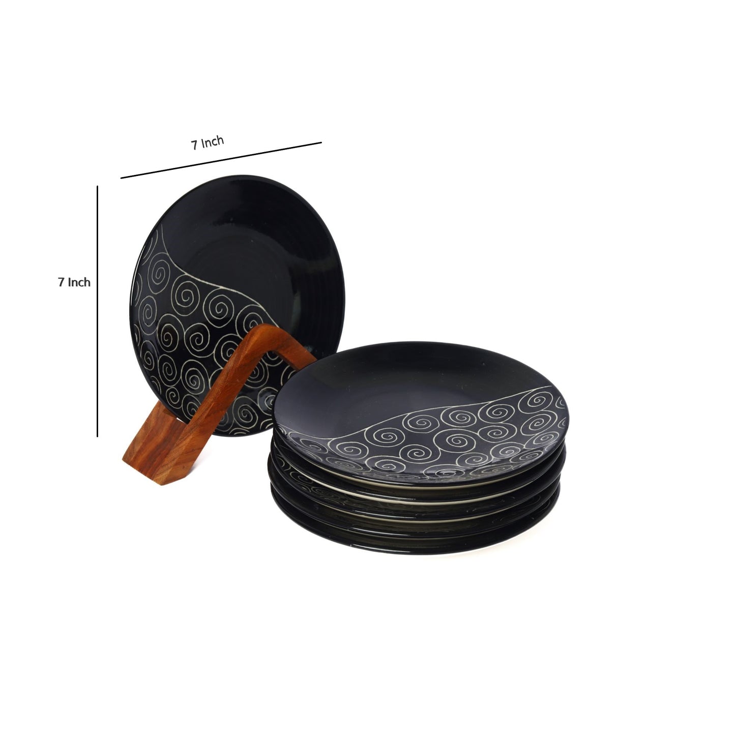 'Creeping Vine' Black Ceramic Side & Quarter Plates, Set of 6 (7 Inch)