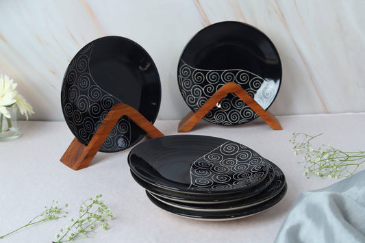 'Creeping Vine' Black Ceramic Side & Quarter Plates, Set of 6 (7 Inch)