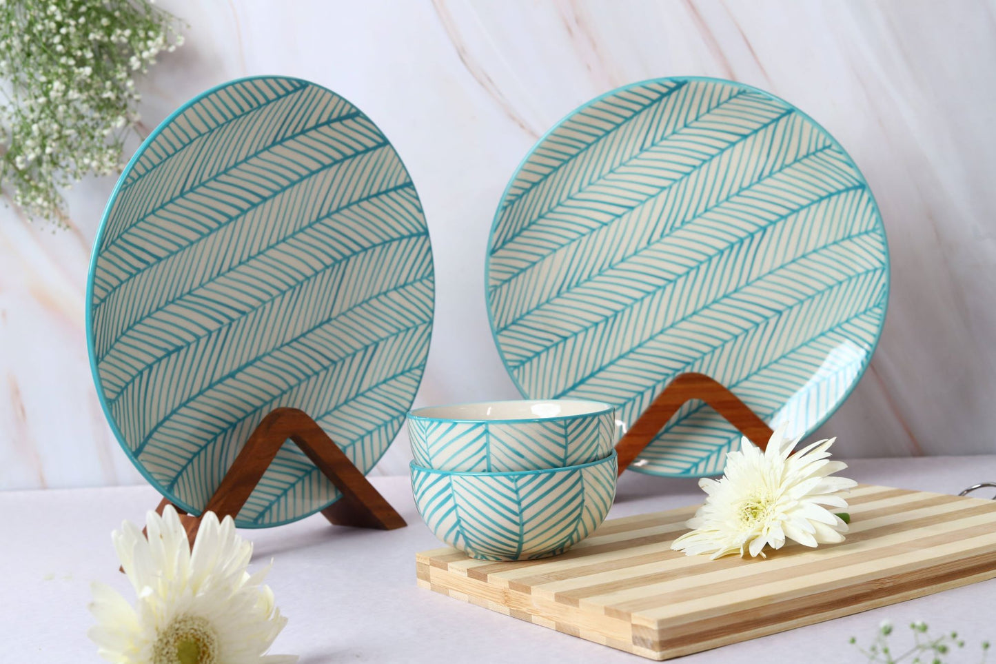 'Green Stripe' Ceramic Dinner Plate and Veg Bowls, Set of 2