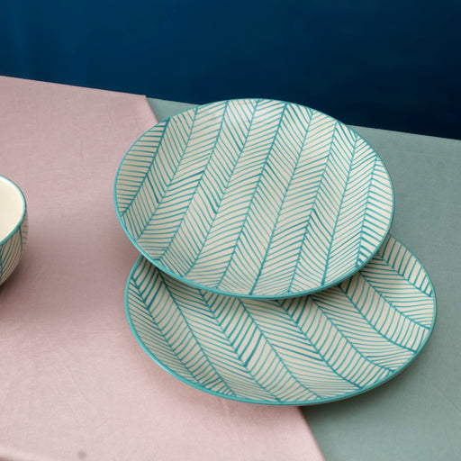 'Green Stripe' White Ceramic Studio Pottery Dinner Plate, 10.2 Inch