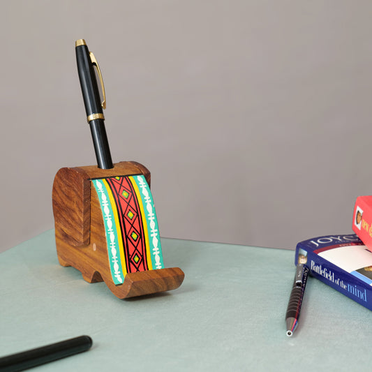 Wooden Handpainted Elephant Design Pen Cum Mobile Stand