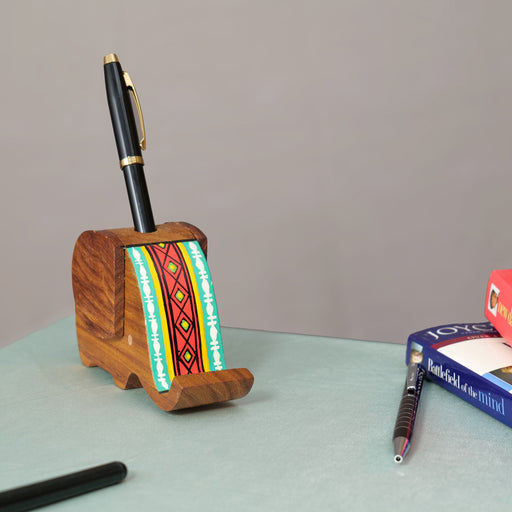 Wooden Handpainted Elephant Design Pen Cum Mobile Stand