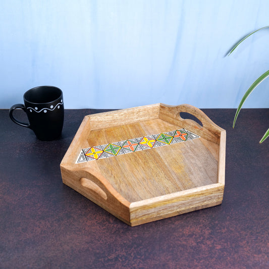 'Hexagonal Duo' Handpainted Wooden Serving Tray, Set of 2
