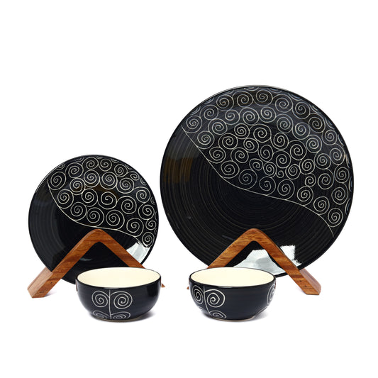 'Creeping Vine' Black Ceramic Dinner Plate and Veg Bowls, 4 Piece