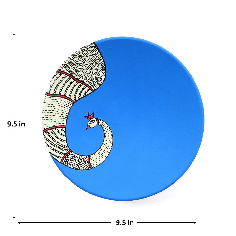 'Indi Peacock' Blue Handpainted Terracotta Decorative Wall Plate, 9 Inch