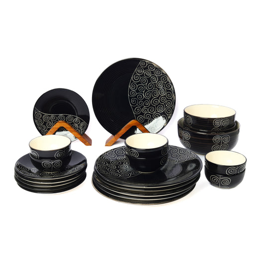 'Black Vine' Ceramic Studio Pottery Dinner Set of 6, 21 Piece