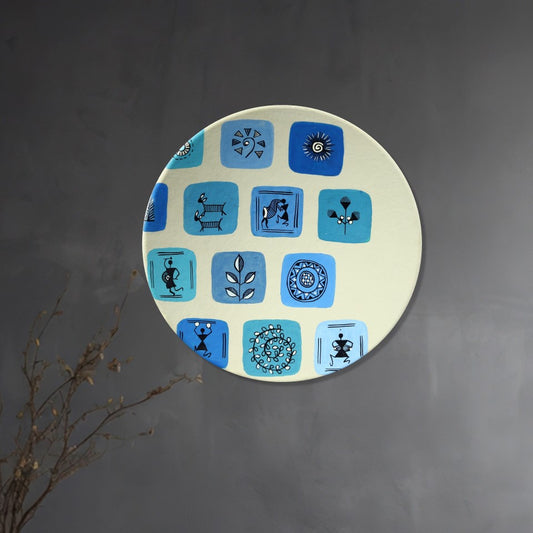'Warli Square' Blue Handpainted Terracotta Decorative Wall Plate, 9 Inch