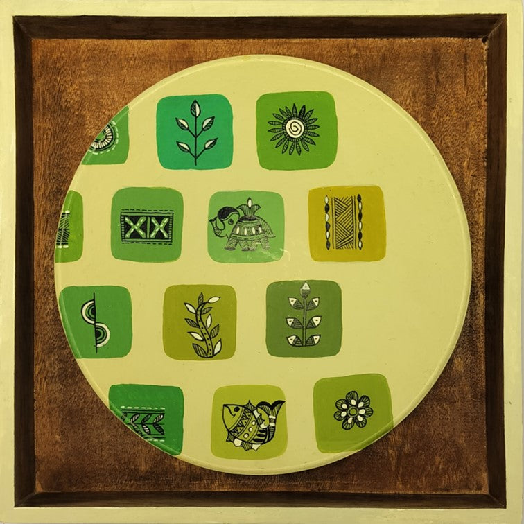 Artysta 'Green Warli Square' Handmade Wooden Wall Frame