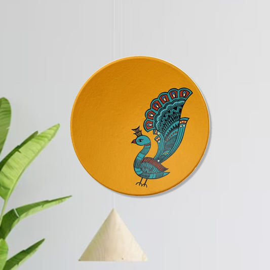 'Dancing Peacock' Yellow Hand-Painted Terracotta Decorative Wall Plate, 9 Inch