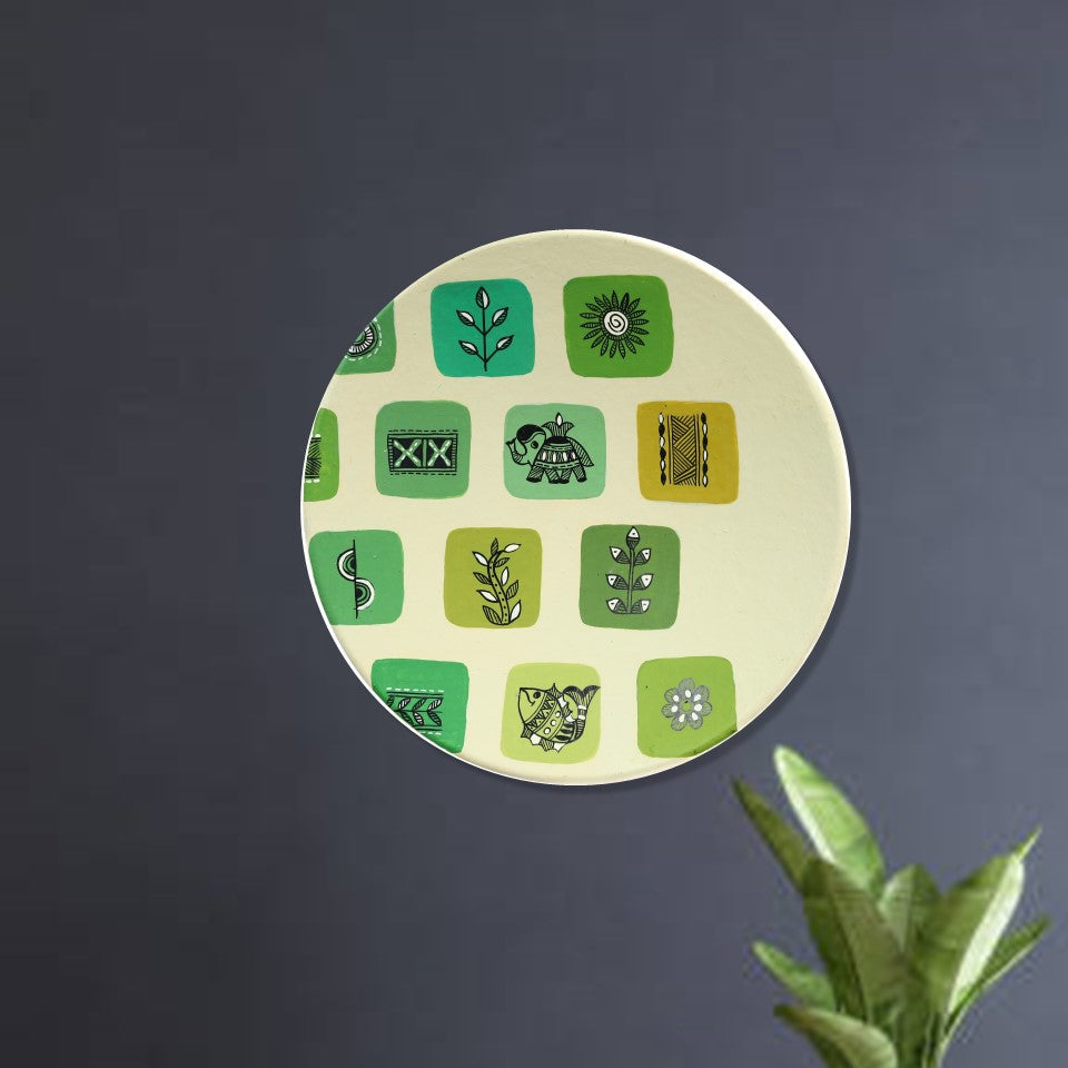 'Warli Square' Green Handpainted Terracotta Decorative Wall Plate, 9 Inch