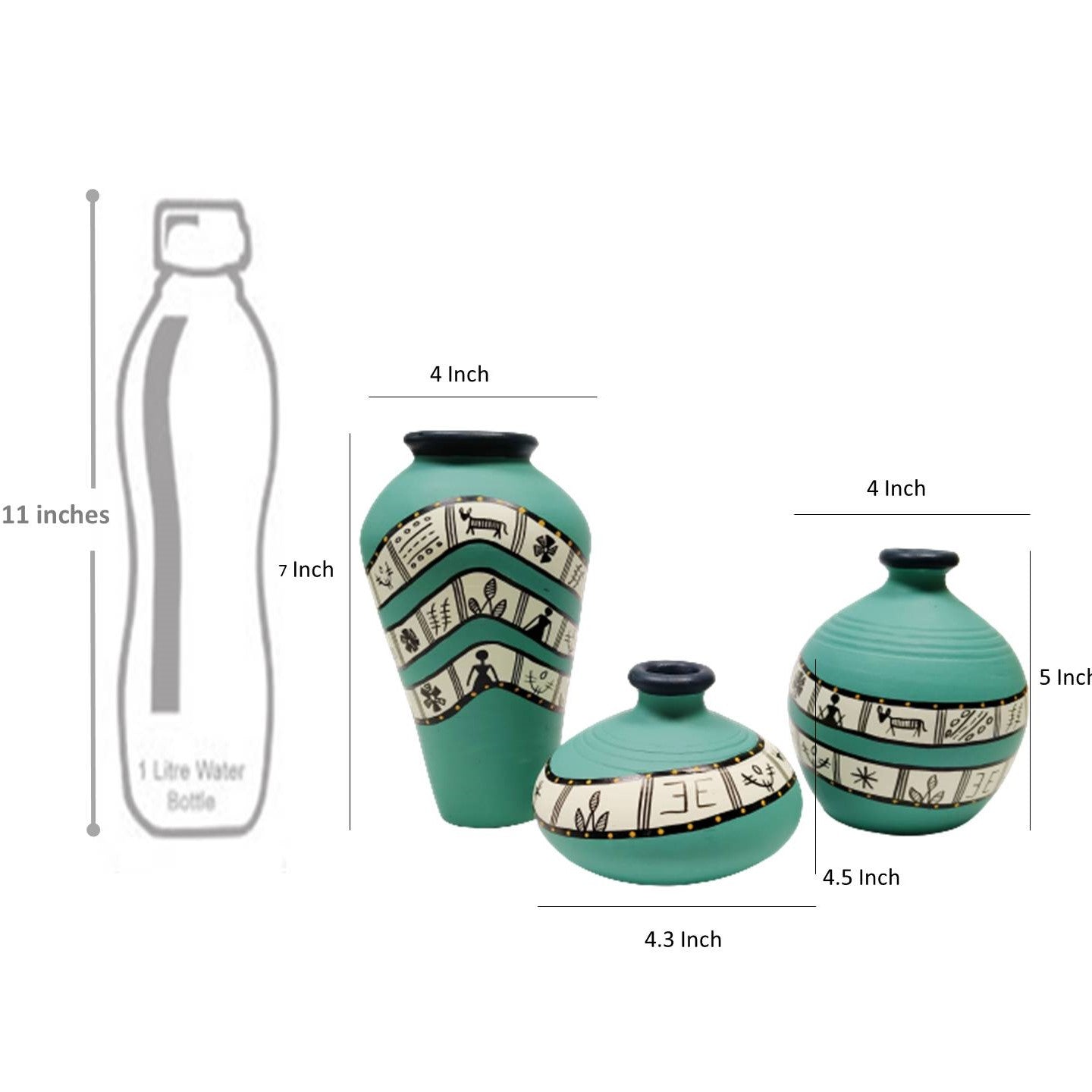 ‘Warli Turquoise’ Terracotta Vase In Aqua Blue (Combo of 3)