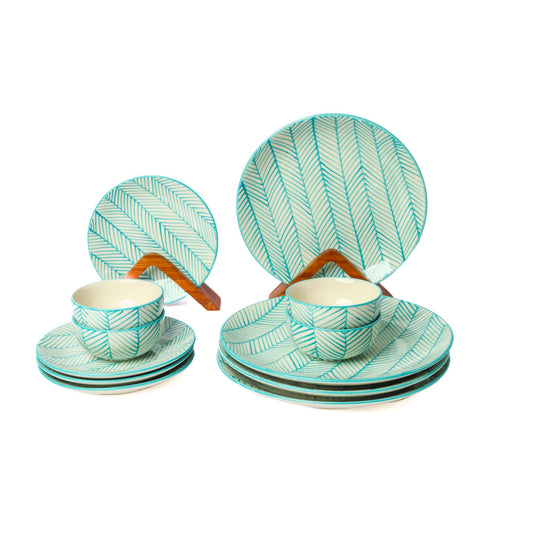 'Green Stripe' Ceramic Dinner Set of 4 Dinner Plate, 4 Quarter Plates & 4 Bowl Sets