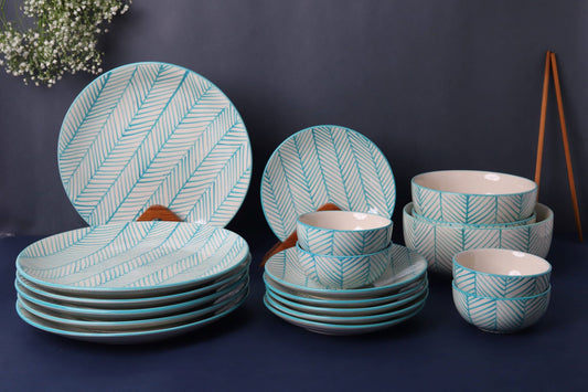 'Green Stripe' Ceramic Dinner Set for 6 People, 21 Pieces