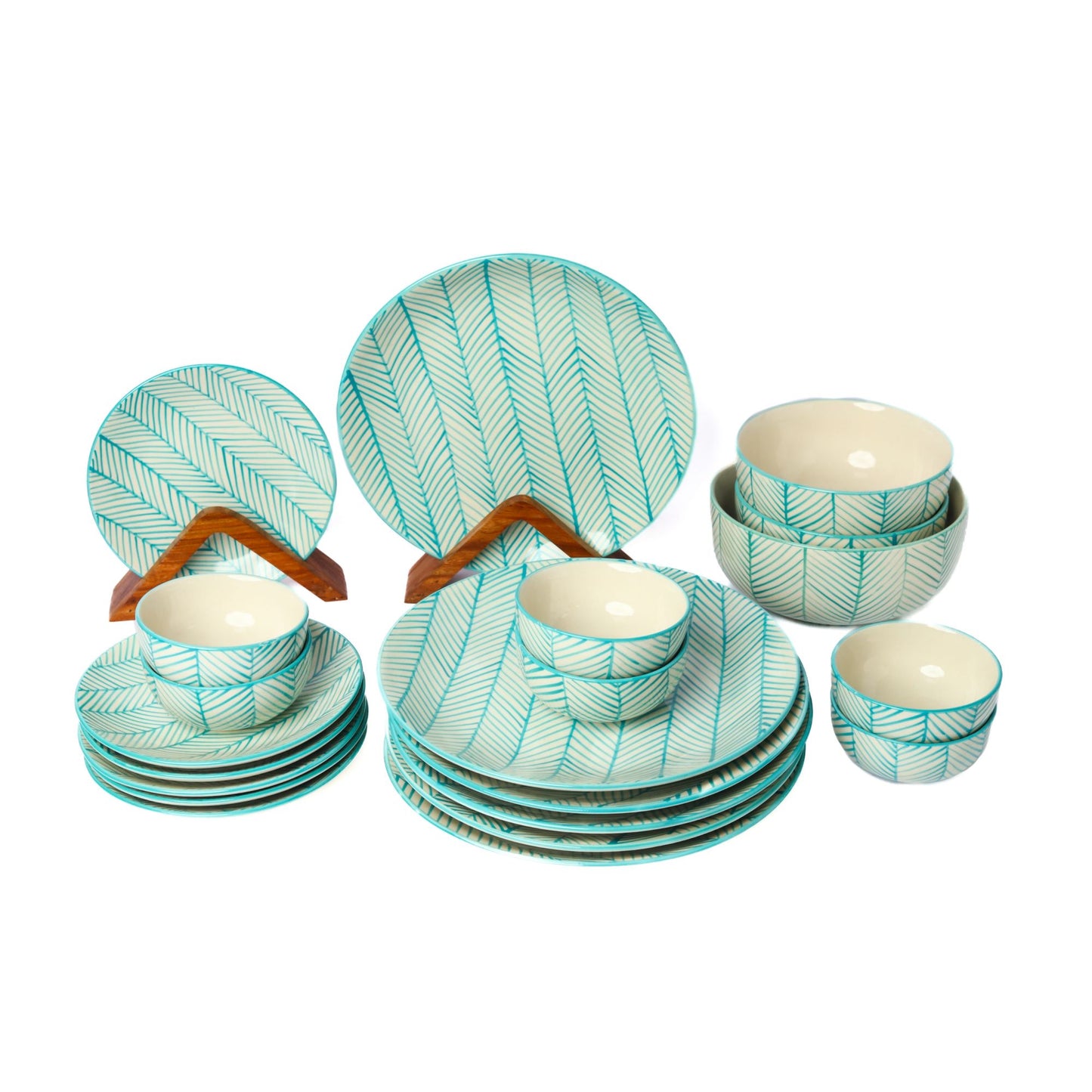 'Green Stripe' Ceramic Dinner Set for 6 People, 21 Pieces