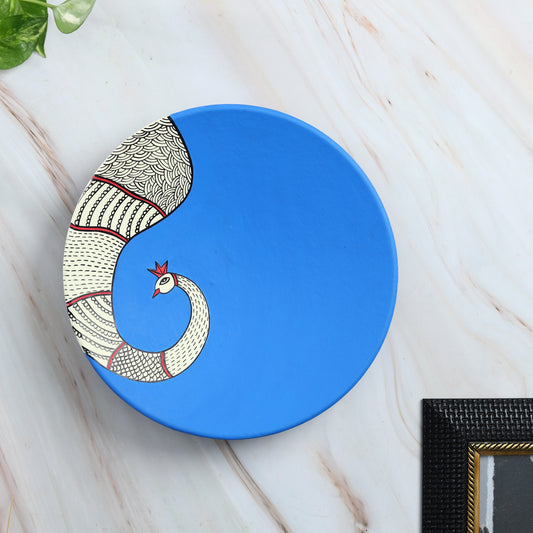 'Indi Peacock' Blue Handpainted Terracotta Decorative Wall Plate, 9 Inch