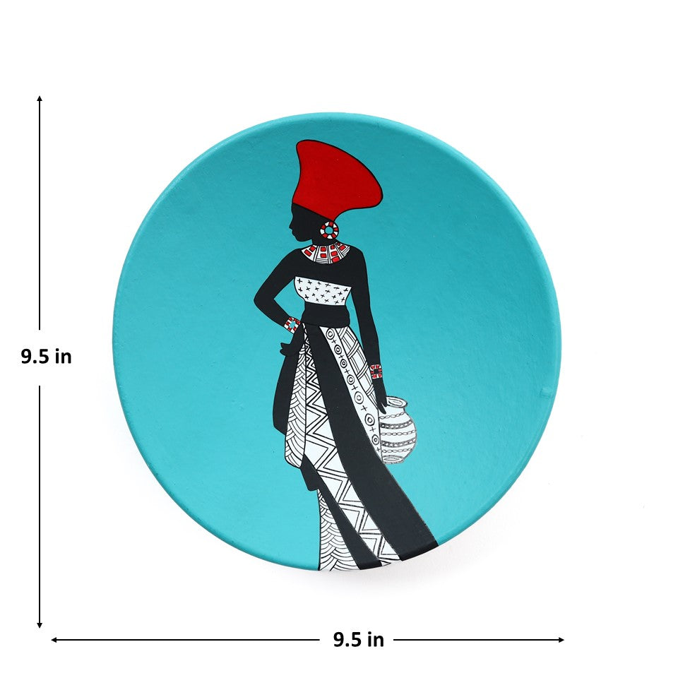 'Nigerian Beauty' Blue Handpainted Terracotta Decorative Wall Plate, 9 Inch