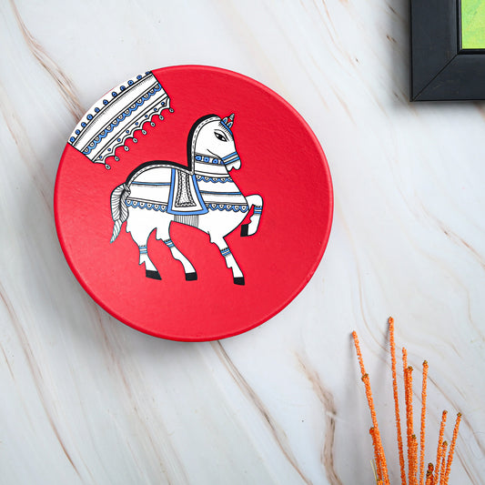 'Royal Horse' Red Handpainted Terracotta Decorative Wall Plate, 9 Inch