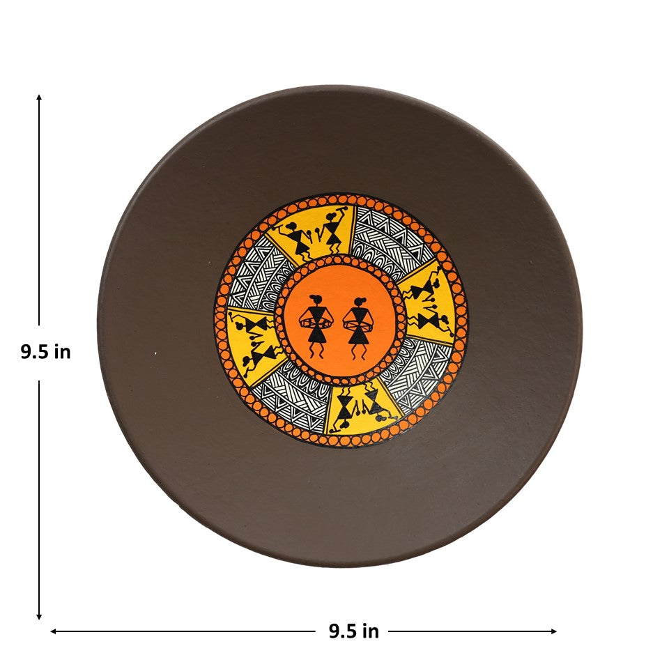 'Warli Encircle' Brown Handpainted Terracotta Decorative Wall Plate, 9 Inch