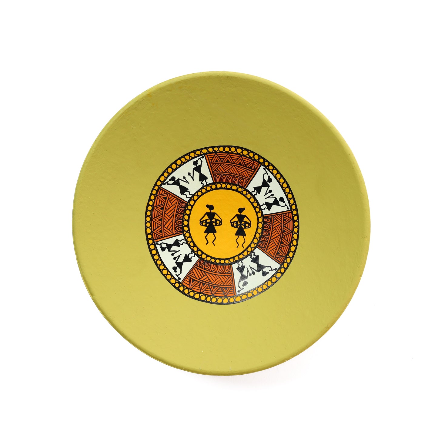'Warli Encircle' Green Handpainted Terracotta Decorative Wall Plate, 9 Inch
