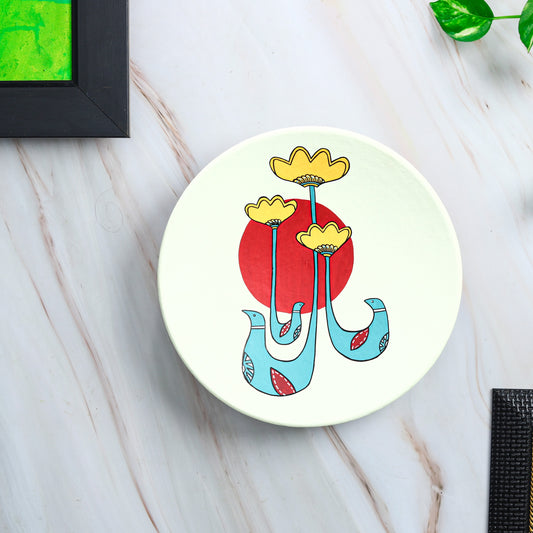 'Yellow Bloom' Off White Handpainted Terracotta Decorative Wall Plate, 9 Inch