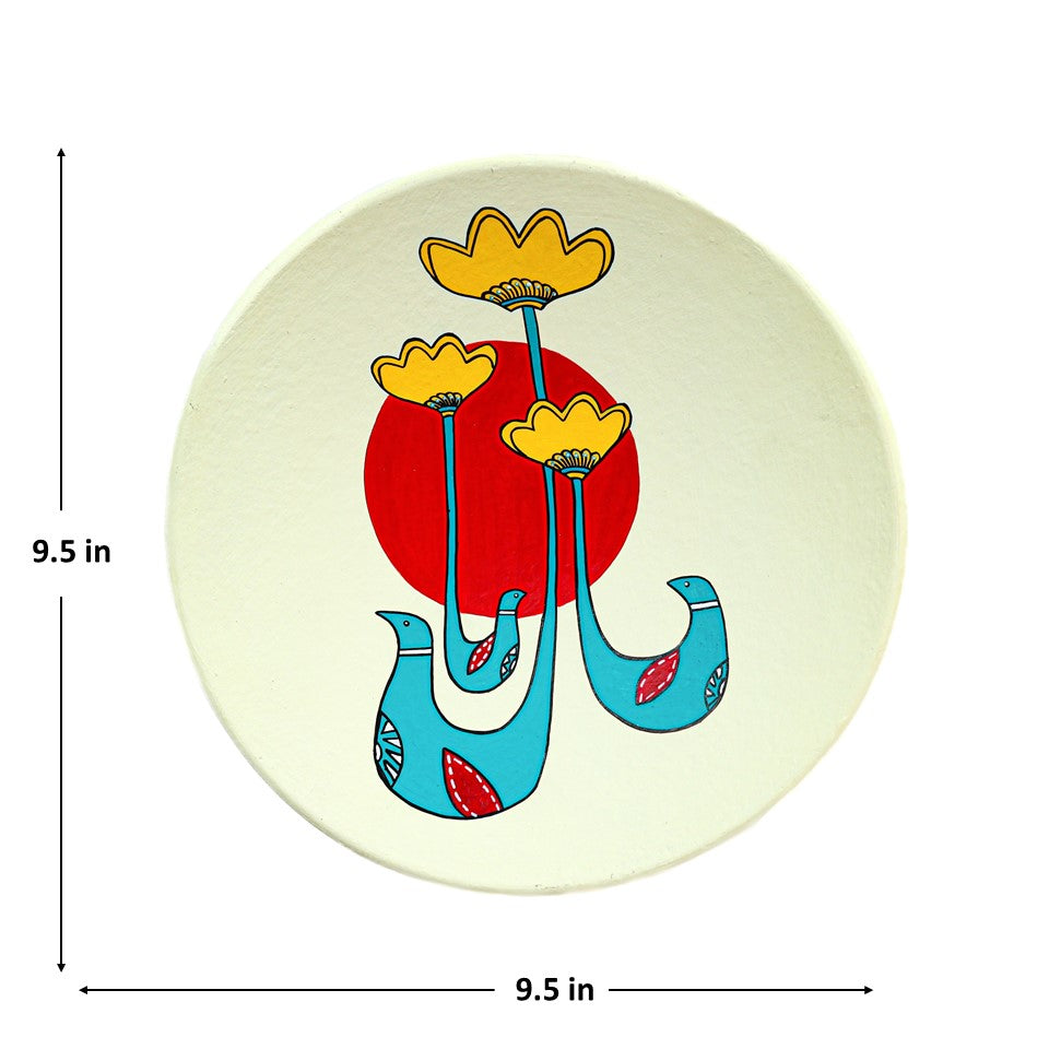 'Yellow Bloom' Off White Handpainted Terracotta Decorative Wall Plate, 9 Inch