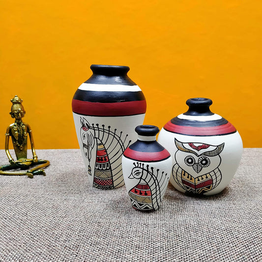 ‘Madhubani Creatures’ Hand-painted Terracotta Flower Vase, Set of 3