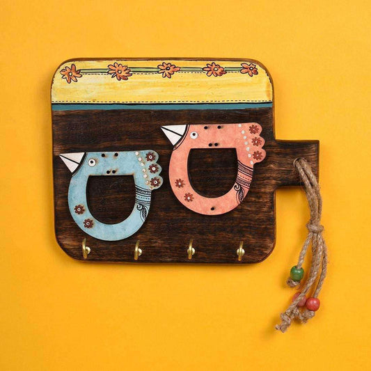'Bird Motif' Handcrafted Wooden Key Holder (4 Key Hooks)
