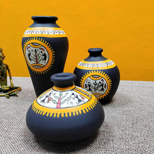 Warli Design Terracotta Vases In Black Color, Set of 3