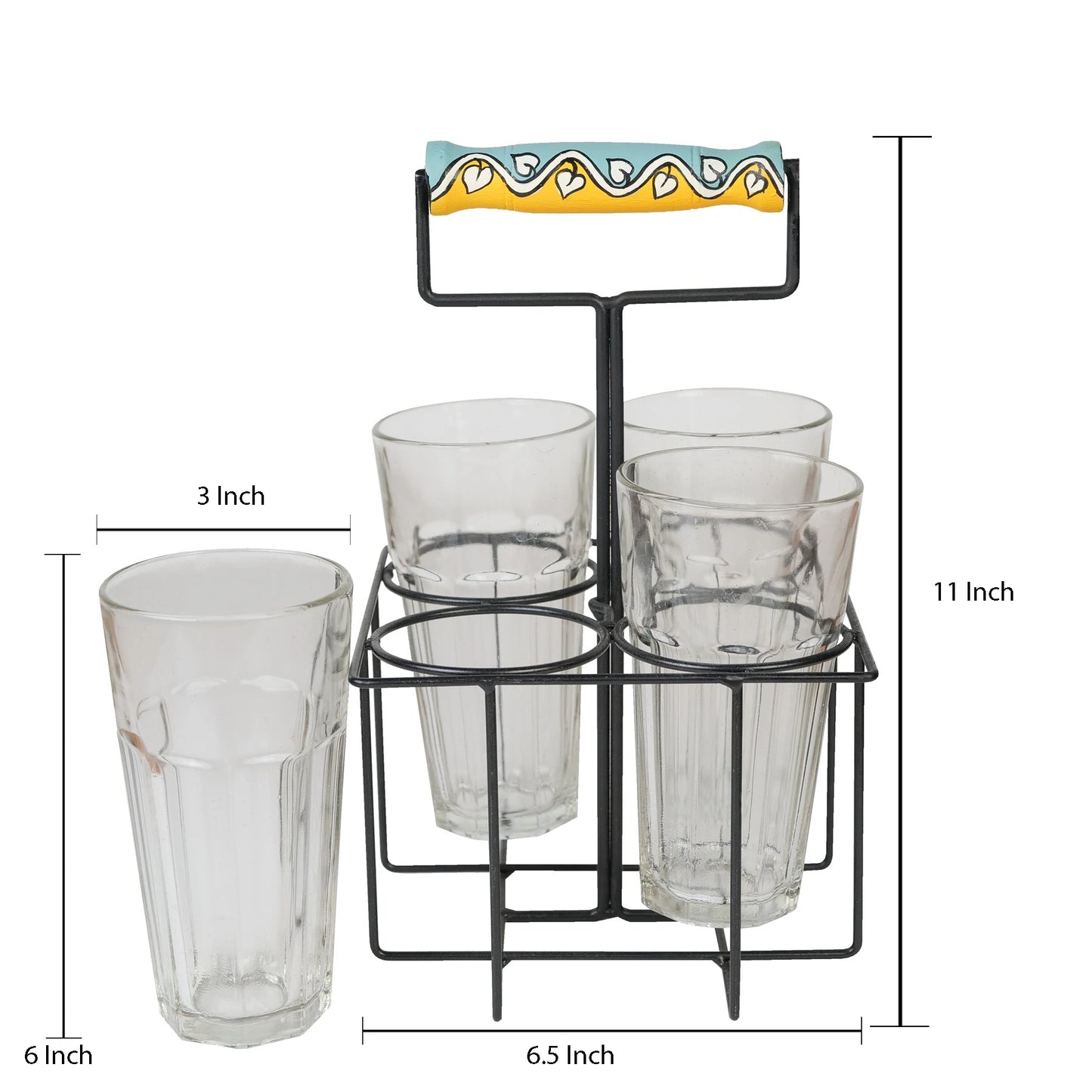 Handcrafted Juice Glasses With Stand In Yellow Color, Set of 4