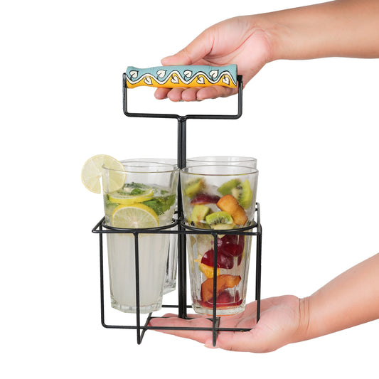 Handcrafted Juice Glasses With Stand In Yellow Color, Set of 4