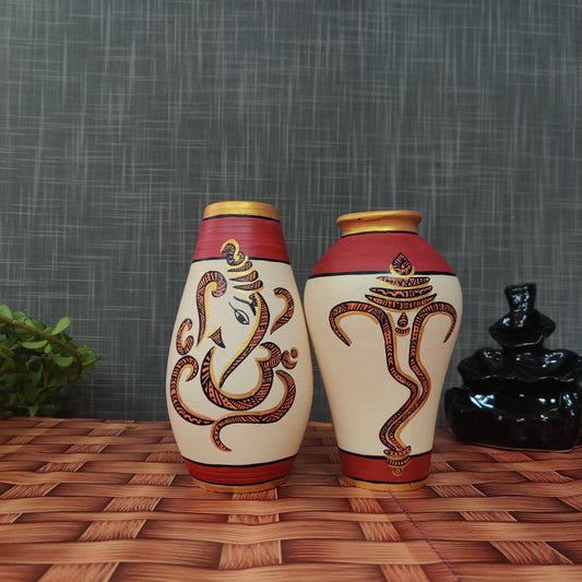 Ganpati Hand-painted Terracotta Vase In Cream & Red Color, Set of 2
