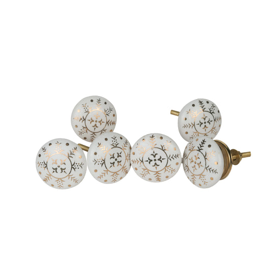 Snow Flakes Ceramic Drawer Knobs in Golden and White Color