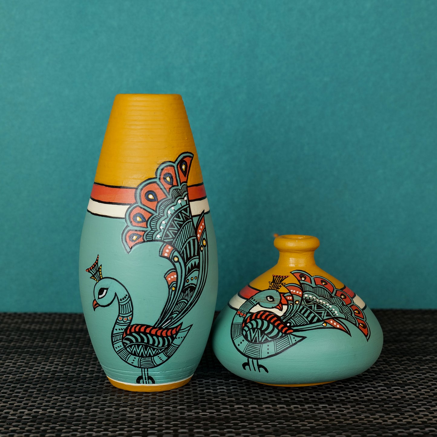 "Madhubani Peacock" Terracotta Vase In Green Color, Set of 2