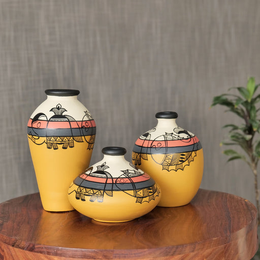 'Madhubani Creatures' Terracotta Vase In Yellow Color, Set of 3