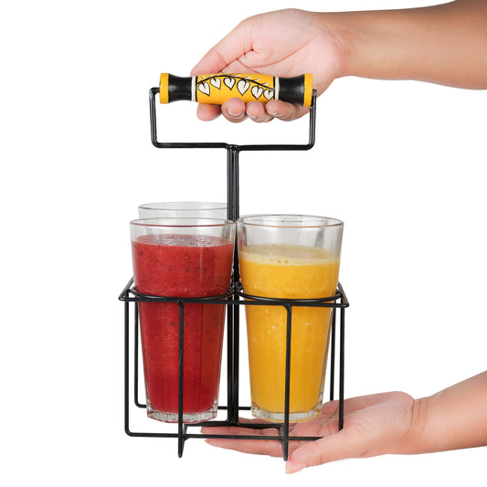 'Leafy Branch' Juice Glasses With Stand In Yellow Color, Set of 4